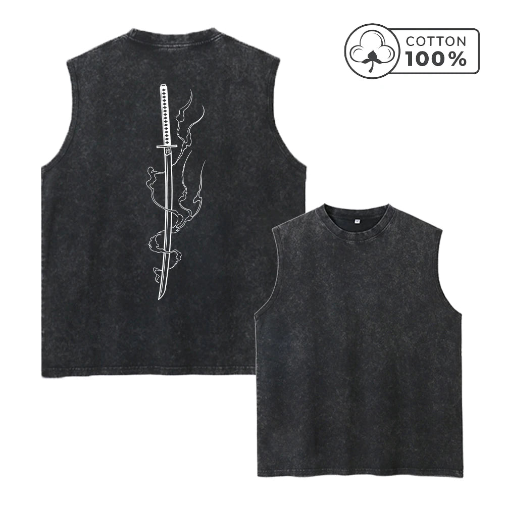 Men's Creative Samurai Sword Print Washed Vest Comfortable Pure Cotton Sleeveless T-Shirt For Fitness Commute And Street Style