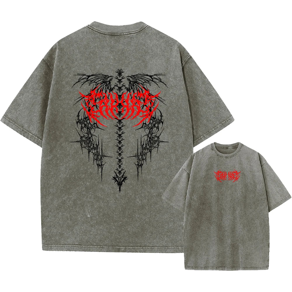 Men's Gothic Print Retro Washed T-Shirt Summer Trendy Fashion Loose Short Sleeve Suitable For Daily Commute And Casual Wear