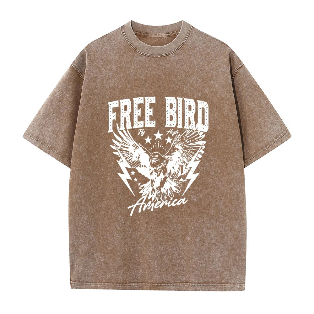 Men's Bird Print Casual Washed Short Sleeve Fashionable Comfortable Pure Cotton T-Shirt For Fitness And Commute Undershirt