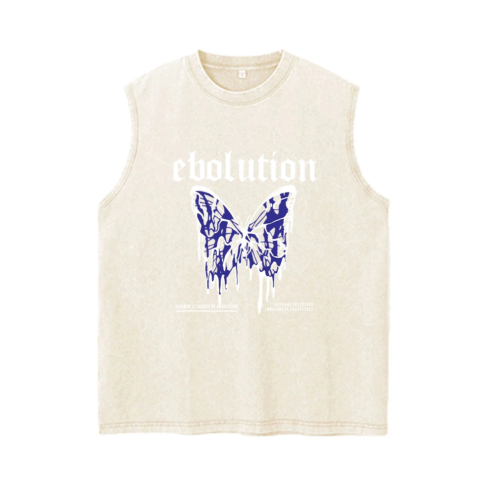 Summer Casual And Stylish Butterfly Print Washed T Shirt Comfortable Pure Cotton Distressed Sleeveless Vest Street Style Hip Hop