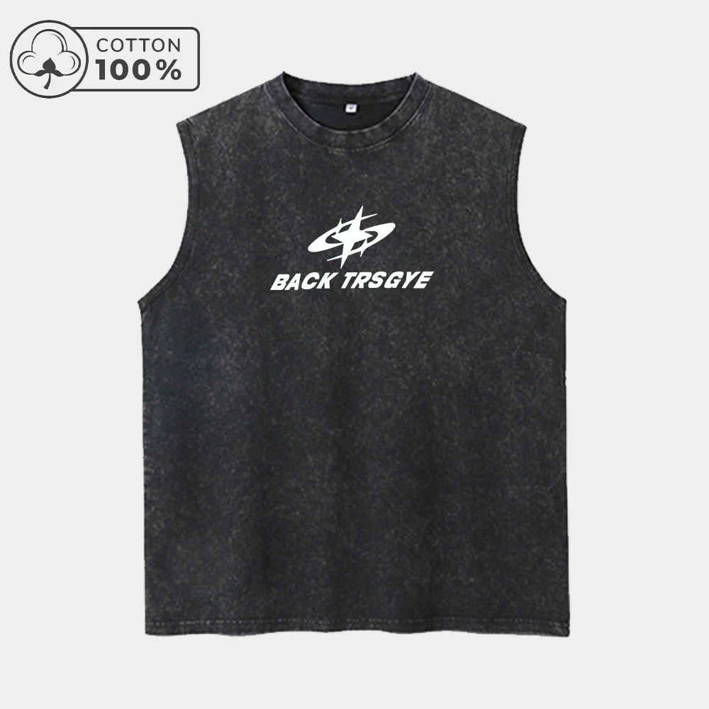 Men's Men's Patchwork Letter Print Washed Vest Retro Street Style Loose Pure Cotton Sleeveless Top Summer Fitness And Commute Ve