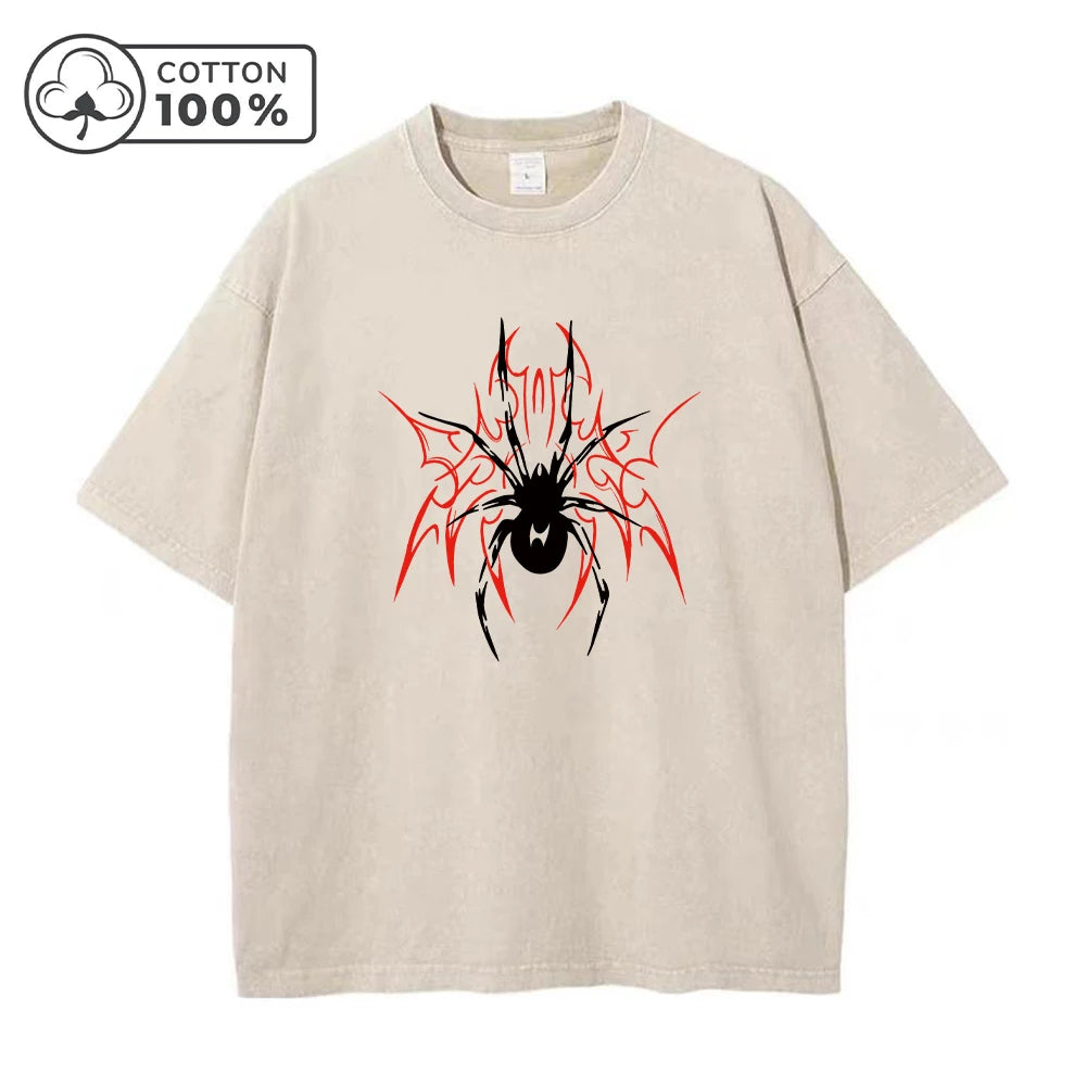 Men's Casual Washed T-Shirt Trendy And Stylish Pure Cotton Short Sleeve Unique Spider Print Summer Everyday Commute Top
