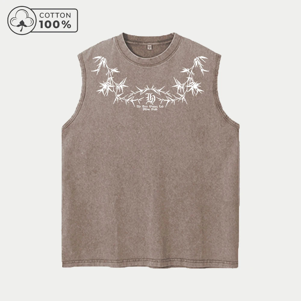 Men's Distressed Washed Vest Pure Cotton Breathable Sleeveless T-Shirt BACK ON MY Star Print Trendy Fashion Casual Fitness Top