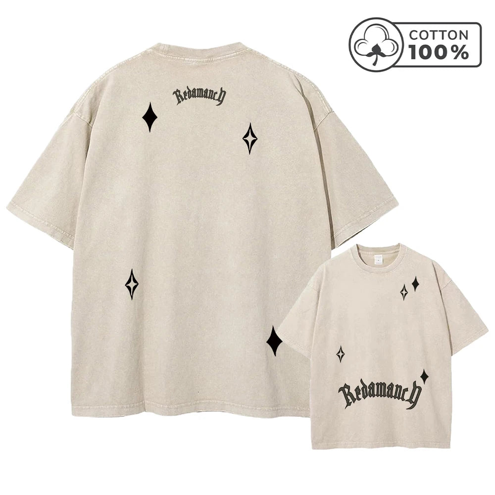 Men's Creative Star And Letter Print Washed T-Shirt Retro Casual Pure Cotton Crew Neck Short Sleeve Summer Commuter Loose Top