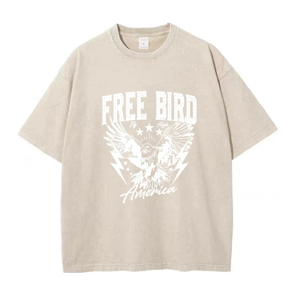 Men's Bird Print Casual Washed Short Sleeve Fashionable Comfortable Pure Cotton T-Shirt For Fitness And Commute Undershirt