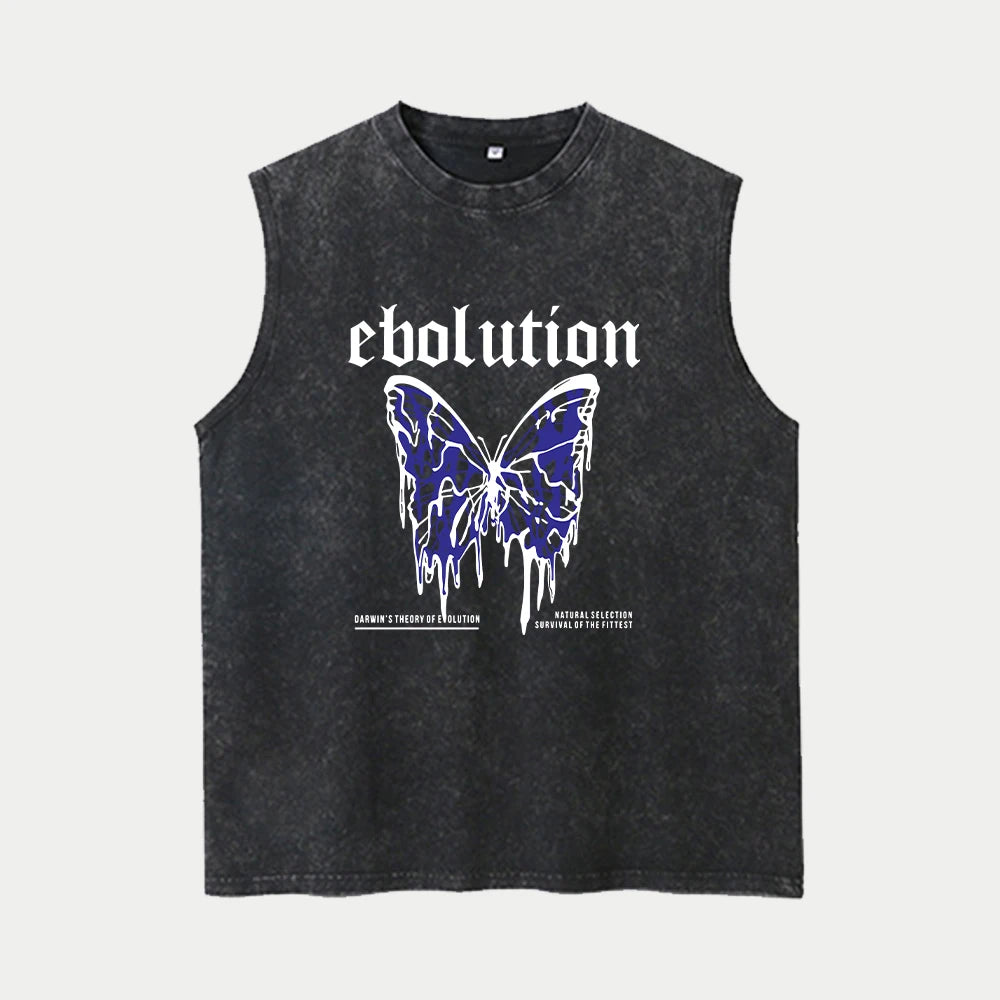 Summer Casual And Stylish Butterfly Print Washed T Shirt Comfortable Pure Cotton Distressed Sleeveless Vest Street Style Hip Hop