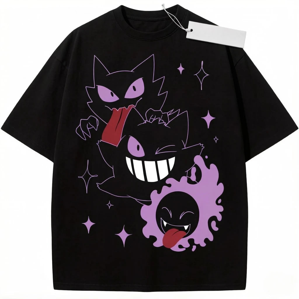 Okémon Anime Gengar Front and Rear Printed T-shirt Men and Women Summer Y2K Harajuku  Casual Versatile Short-sleeved Top