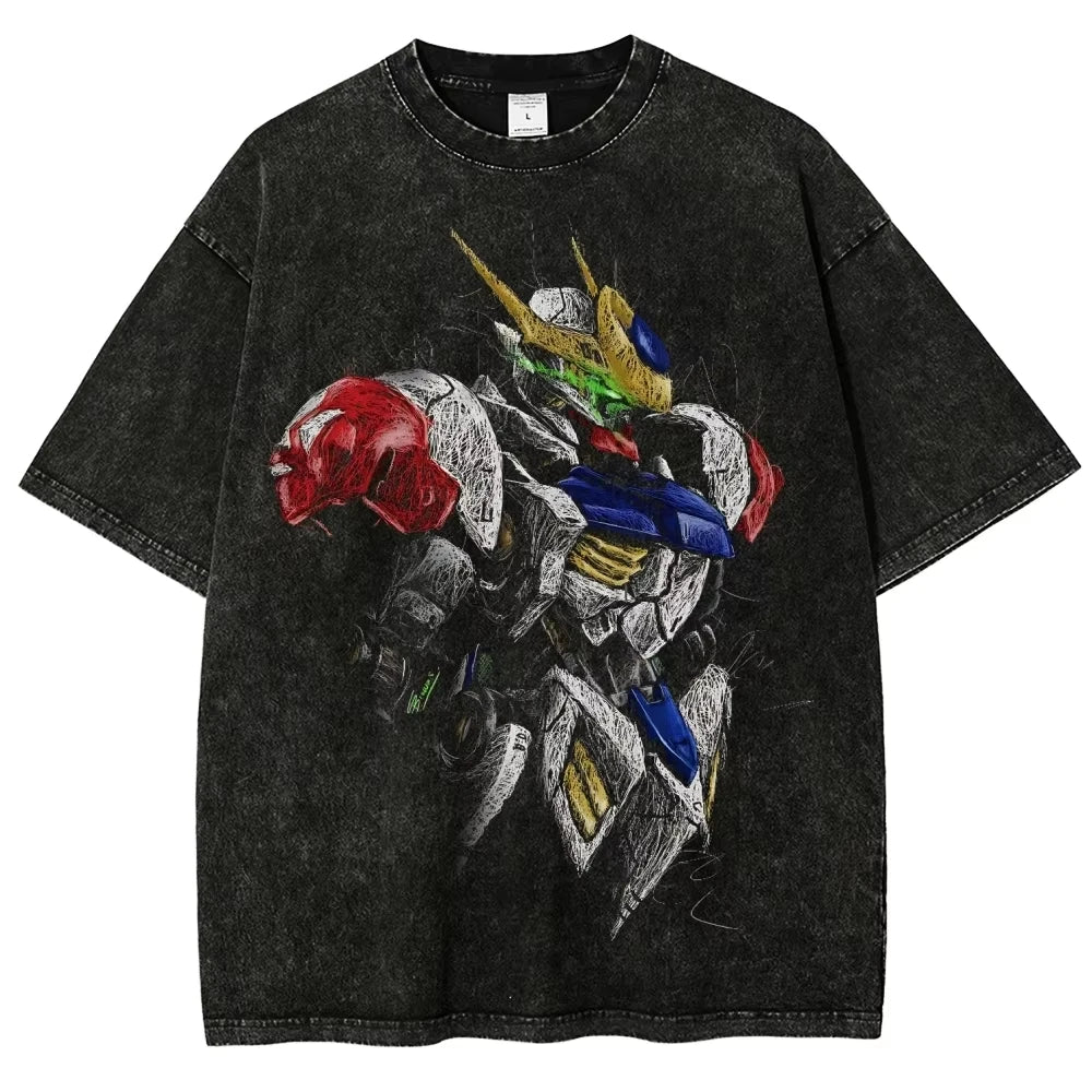 Gundam Barbatos Lupus Rex T Shirt Men IBO Vintage Acid Wash Mecha Streetwear  Retro Japanese Anime Cotton Graphic Tees