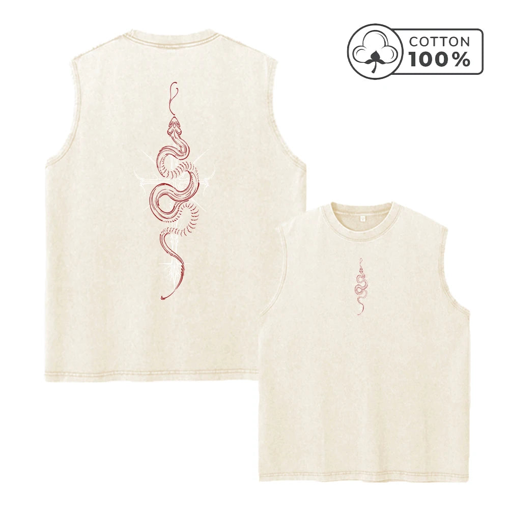 Men's Red Snake Cross Print Washed Vest Summer Pure Cotton Distressed Retro Casual Sleeveless Top Street Style Loose Fit