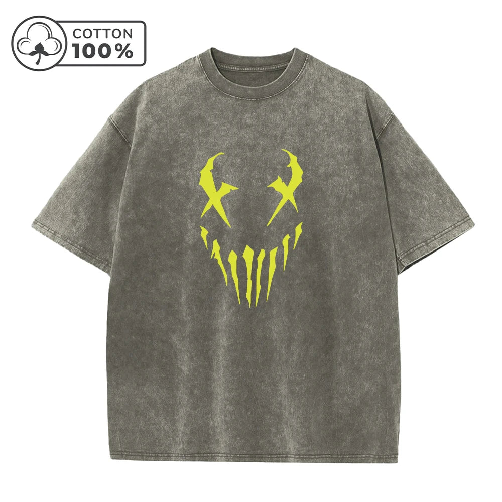 Men's Fangs And Smiley Face Printed Washed T-Shirt Fashionable Pure Cotton Round Neck Short Sleeve Suitable For Everyday Commute