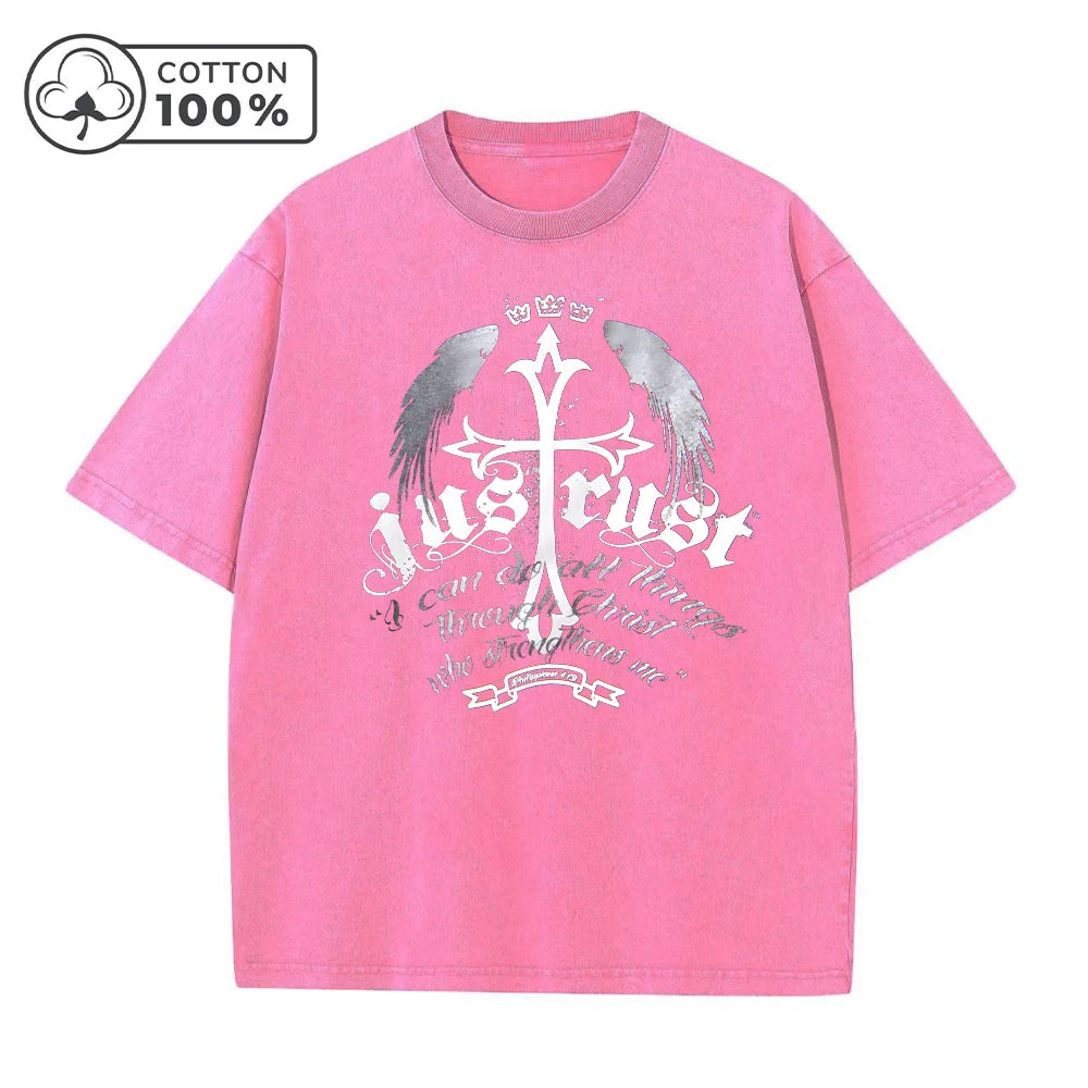 Men's Fashion Cross Wings Print Distressed Washed T-Shirt Loose Fit Casual Pure Cotton Short Sleeve Ideal For Home Or Commute
