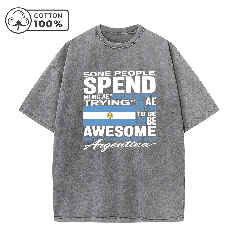 Men's Retro Distressed Argentinian Print Washed T-Shirt Casual And Versatile Loose Fitting 100% Cotton Short Sleeve Top