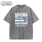 Men's Retro Distressed Argentinian Print Washed T-Shirt Casual And Versatile Loose Fitting 100% Cotton Short Sleeve Top