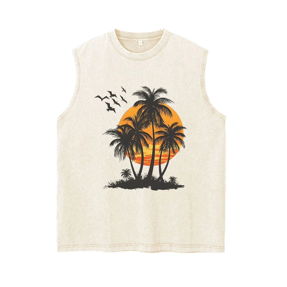 Men's Coconut Tree Print Washable Vest Summer Loose Casual Pure Cotton Short Sleeve Retro Street Style Machine Washable