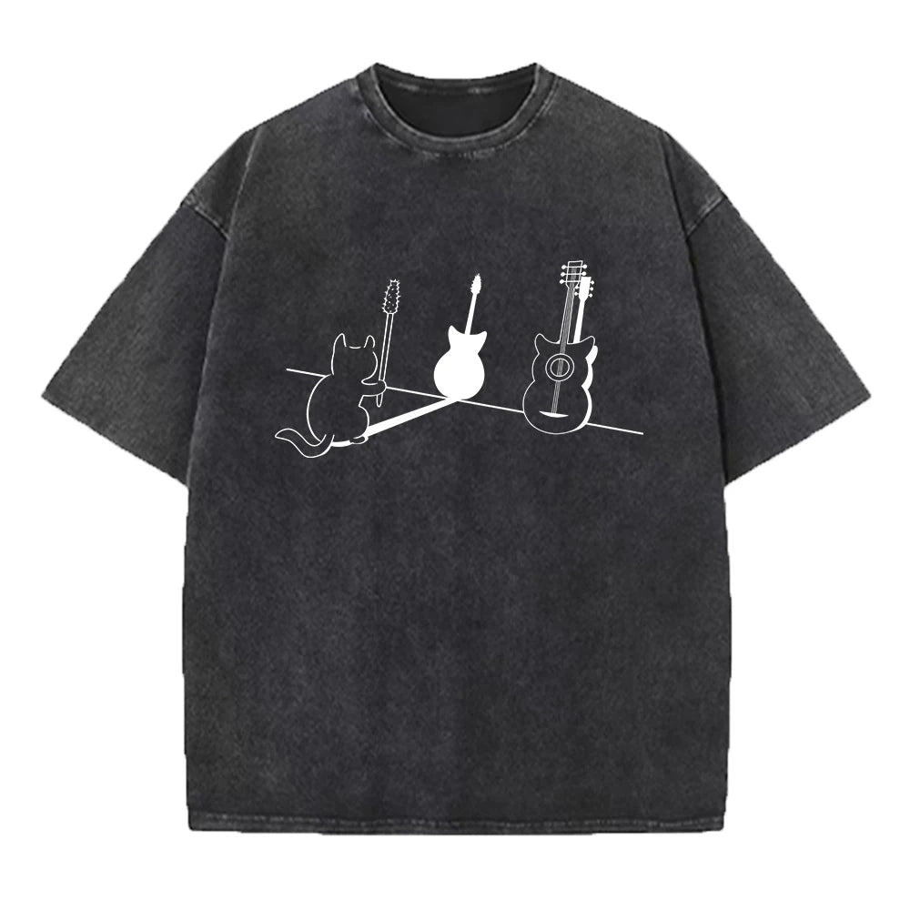 Vintage Distressed Washed T-Shirt Comfortable 100% Cotton Round Neck Short Sleeve Summer Casual Kitten Guitar Print Top