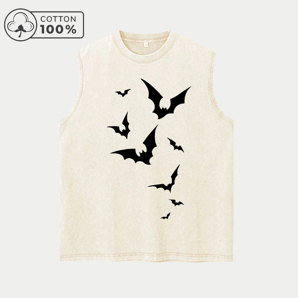 Men's Simple Bat Print Retro Washed Vest Summer Casual Heavyweight Pure Cotton Sleeveless Vest Fashionable Street Style Top