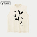Men's Simple Bat Print Retro Washed Vest Summer Casual Heavyweight Pure Cotton Sleeveless Vest Fashionable Street Style Top