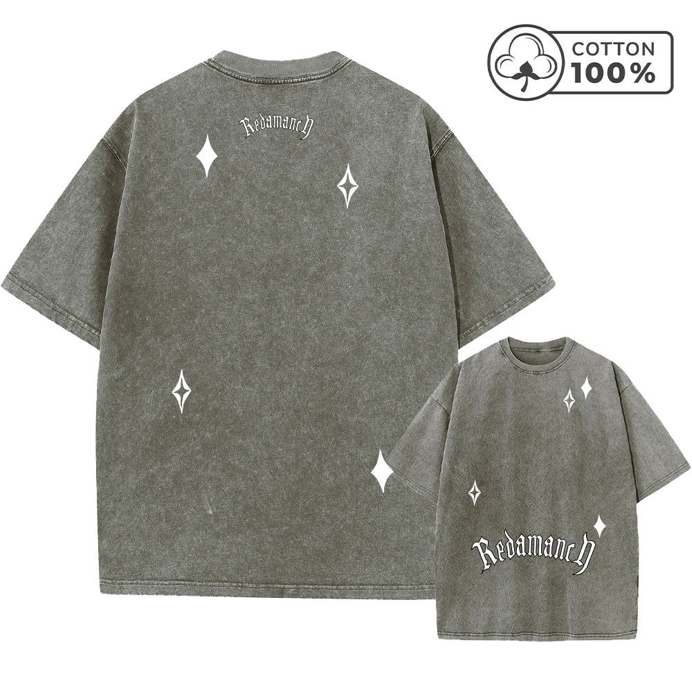 Men's Creative Star And Letter Print Washed T-Shirt Retro Casual Pure Cotton Crew Neck Short Sleeve Summer Commuter Loose Top