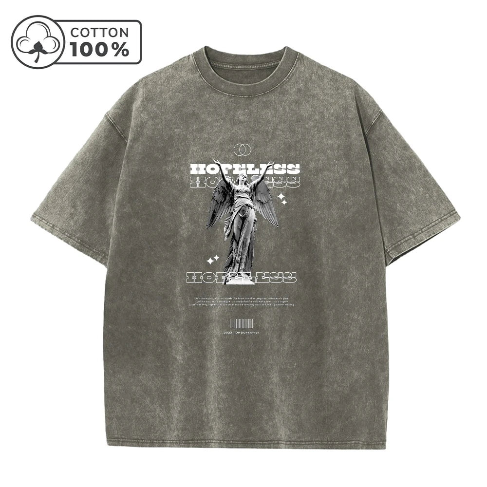 Summer Casual Washed T-Shirt Heavyweight Pure Cotton With A Statue Print Retro And Fashionable Short Sleeved Trendy Top