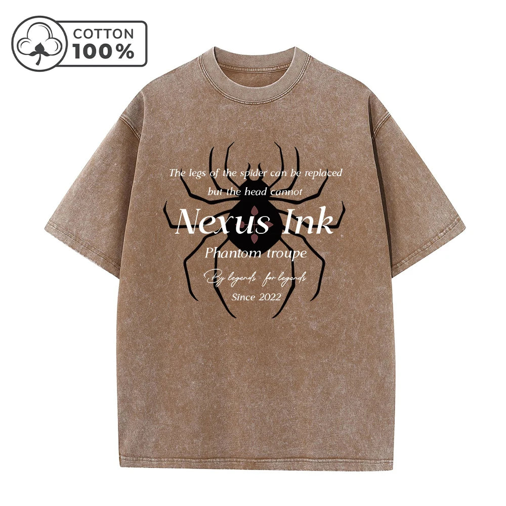 Men's Dark Spider Print Washed T-Shirt Distressed Retro Street Style Casual Pure Cotton Short Sleeve Top For Summer Commute