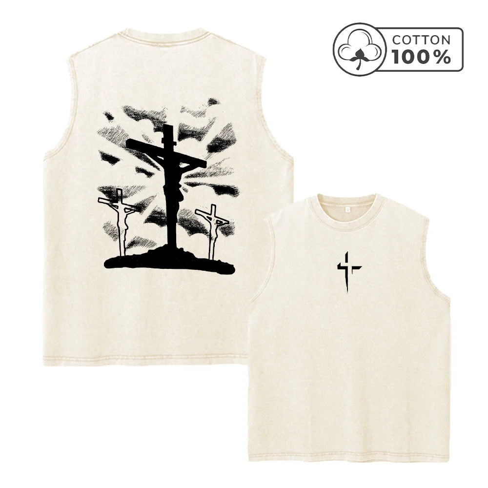 2026 New Style Unique Cross Print Pure Cotton Washed Vest Summer Vacation Casual Sleeveless Top Daily Gym And Commute For Men