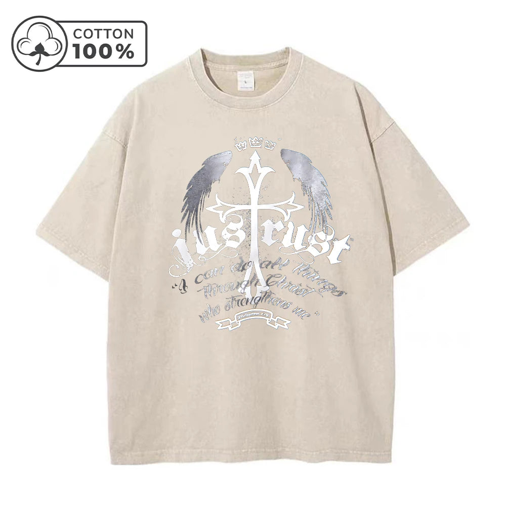 Men's Fashion Cross Wings Print Distressed Washed T-Shirt Loose Fit Casual Pure Cotton Short Sleeve Ideal For Home Or Commute