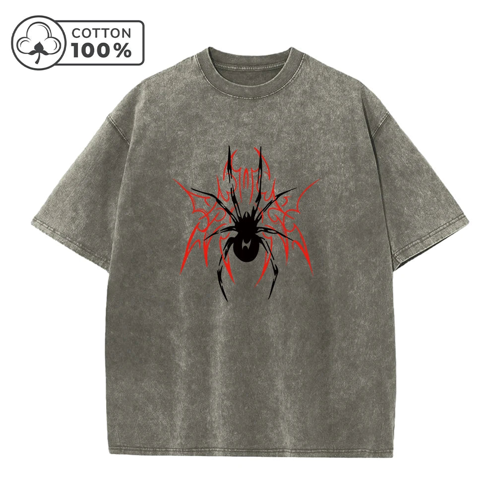 Men's Casual Washed T-Shirt Trendy And Stylish Pure Cotton Short Sleeve Unique Spider Print Summer Everyday Commute Top