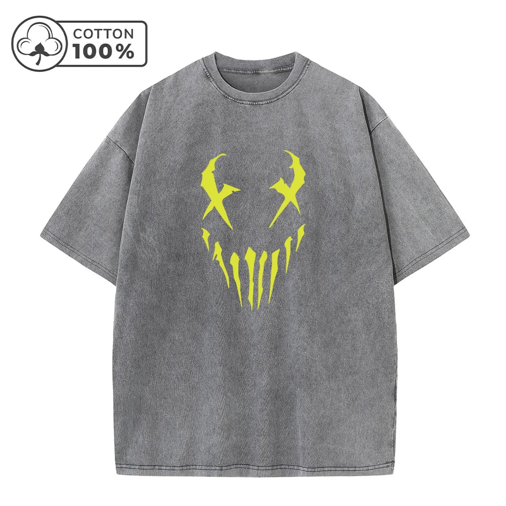 Men's Fangs And Smiley Face Printed Washed T-Shirt Fashionable Pure Cotton Round Neck Short Sleeve Suitable For Everyday Commute