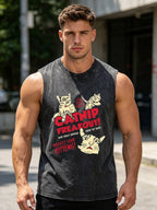 Men's Retro Creative Cat Print Washed Vest Summer New Style Fitness Running Pure Cotton Casual Sleeveless Vest For Commute Top