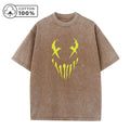 Men's Fangs And Smiley Face Printed Washed T-Shirt Fashionable Pure Cotton Round Neck Short Sleeve Suitable For Everyday Commute