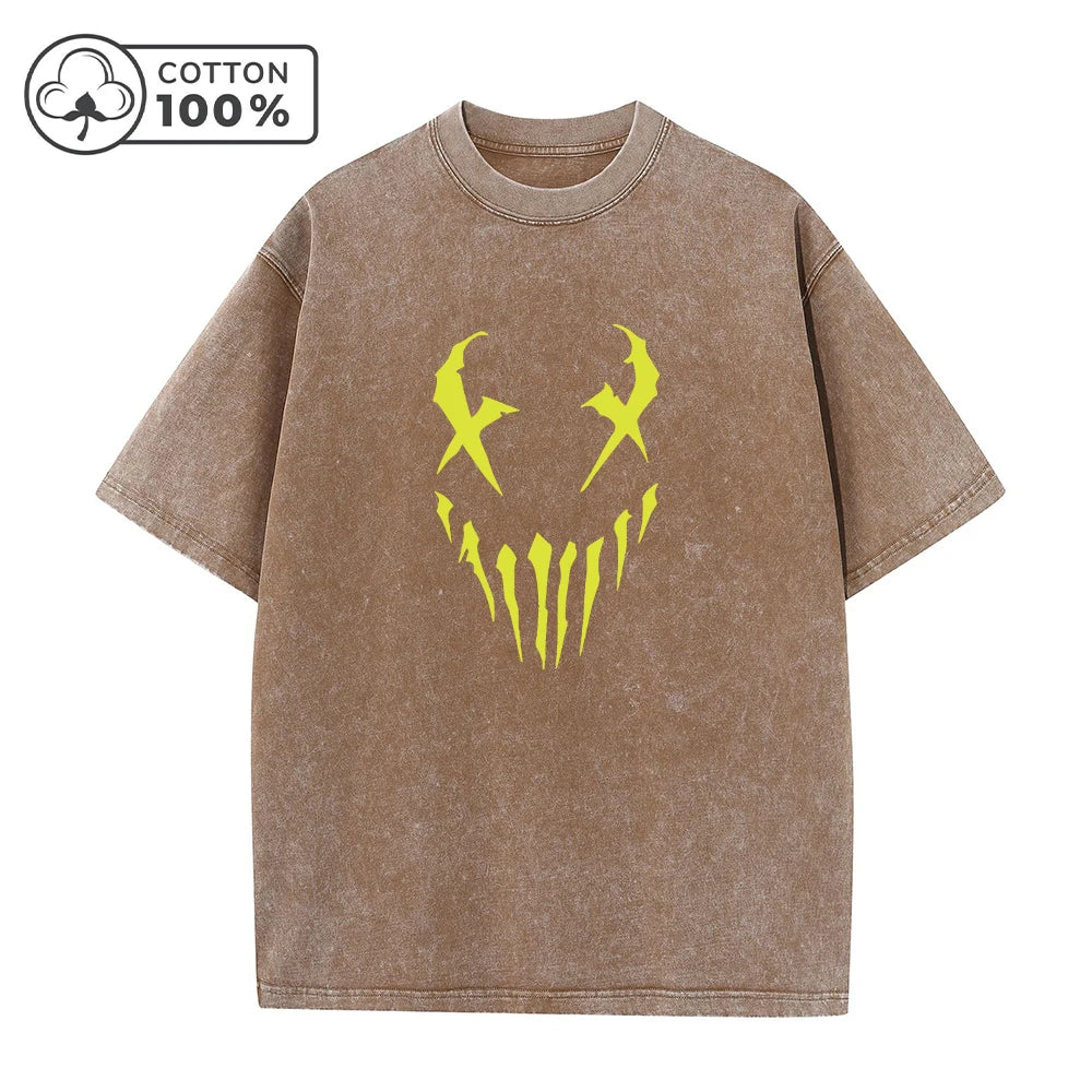 Men's Fangs And Smiley Face Printed Washed T-Shirt Fashionable Pure Cotton Round Neck Short Sleeve Suitable For Everyday Commute