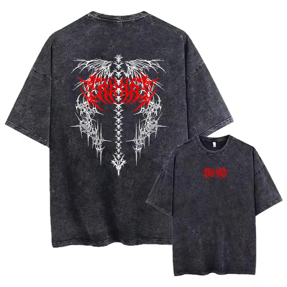 Men's Gothic Print Retro Washed T-Shirt Summer Trendy Fashion Loose Short Sleeve Suitable For Daily Commute And Casual Wear