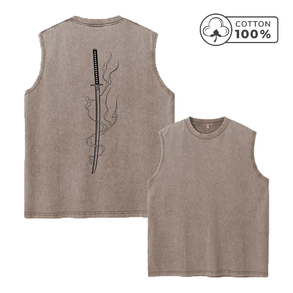 Men's Creative Samurai Sword Print Washed Vest Comfortable Pure Cotton Sleeveless T-Shirt For Fitness Commute And Street Style
