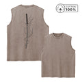 Men's Creative Samurai Sword Print Washed Vest Comfortable Pure Cotton Sleeveless T-Shirt For Fitness Commute And Street Style