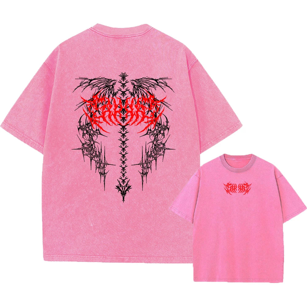 Men's Gothic Print Retro Washed T-Shirt Summer Trendy Fashion Loose Short Sleeve Suitable For Daily Commute And Casual Wear