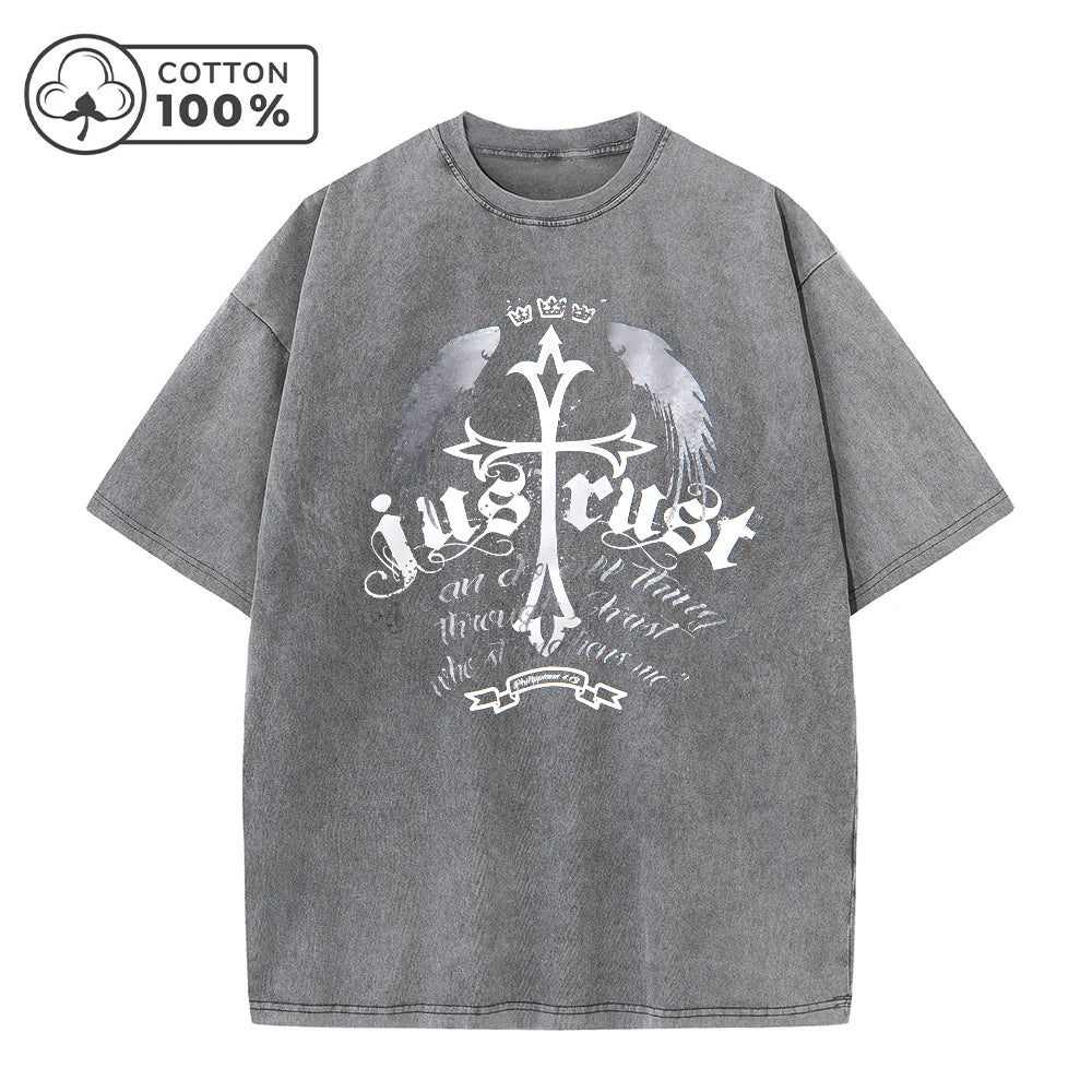 Men's Fashion Cross Wings Print Distressed Washed T-Shirt Loose Fit Casual Pure Cotton Short Sleeve Ideal For Home Or Commute