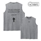 Men's Text And Cross Print Washed Vest Summer Vacation Casual Fashion Pure Cotton Sleeveless Vest Daily Commute And Gym Wear