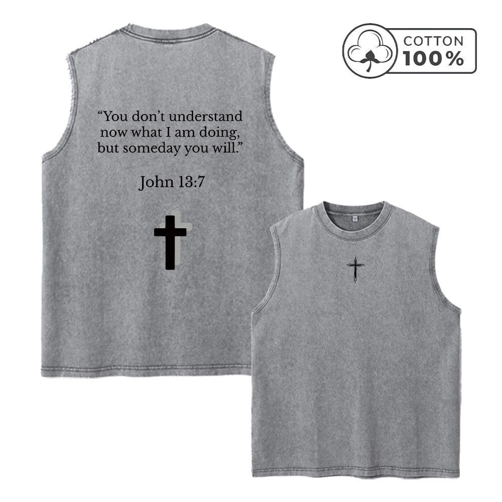 Men's Text And Cross Print Washed Vest Summer Vacation Casual Fashion Pure Cotton Sleeveless Vest Daily Commute And Gym Wear