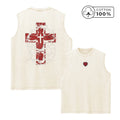 Men's Dark Cross And Thorn Print Washed Vest Vintage Distressed Pure Cotton Casual Loose Top Summer Fitness Training Top