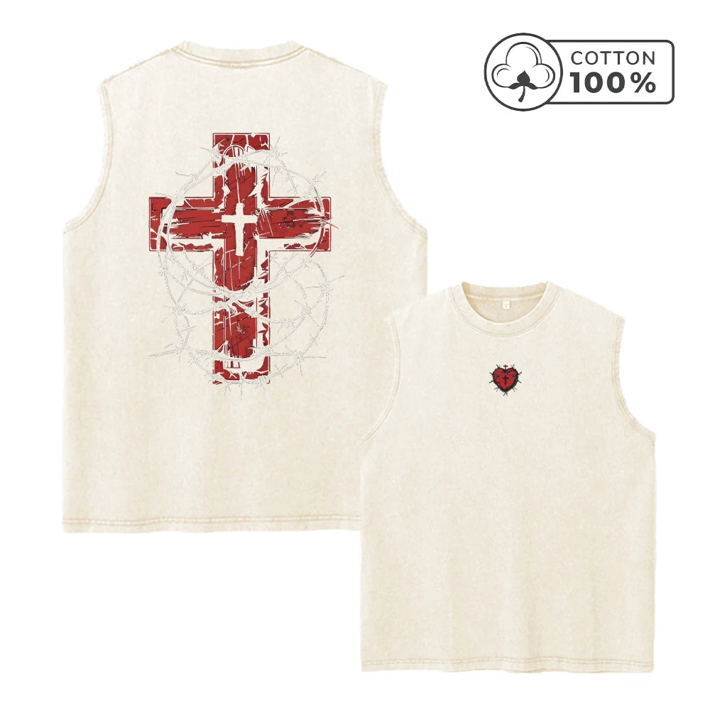 Men's Dark Cross And Thorn Print Washed Vest Vintage Distressed Pure Cotton Casual Loose Top Summer Fitness Training Top