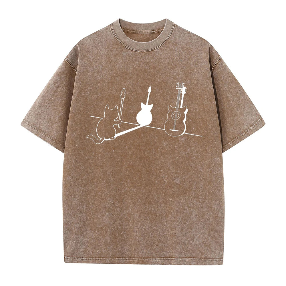 Vintage Distressed Washed T-Shirt Comfortable 100% Cotton Round Neck Short Sleeve Summer Casual Kitten Guitar Print Top