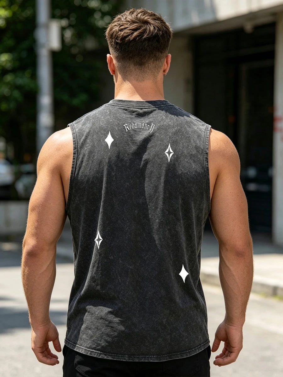 Men's Star And Letter Print Washed Vest Retro Street Style Loose Fitting Pure Cotton Sleeveless Top Summer Gym And Commute Vest