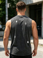 Men's Star And Letter Print Washed Vest Retro Street Style Loose Fitting Pure Cotton Sleeveless Top Summer Gym And Commute Vest