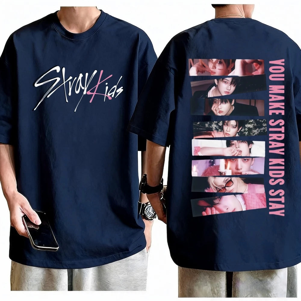 Unisex Stray Kids Karma Double Sided Grunge Style Collage T-Shirt 100% Cotton Crew Neck Short Sleeve K-Pop Casual Graphic Top