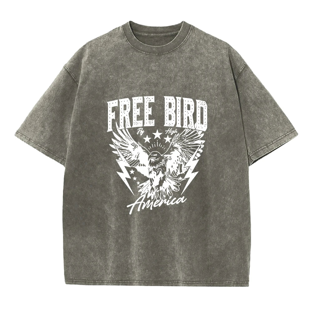 Men's Bird Print Casual Washed Short Sleeve Fashionable Comfortable Pure Cotton T-Shirt For Fitness And Commute Undershirt