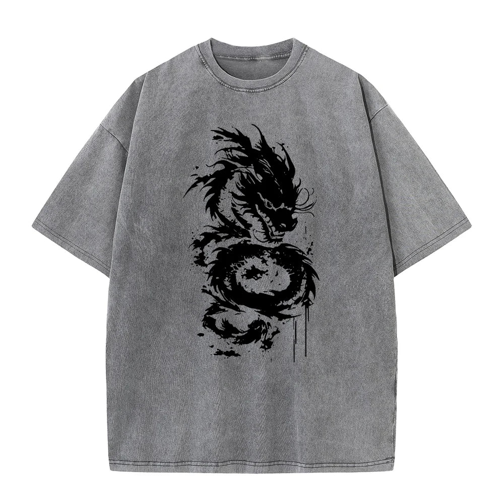 Men's Heavyweight Washed Cotton T Shirt Distressed Style Dragon Print Short Sleeve Retro Streetwear Loose And Comfortable Top