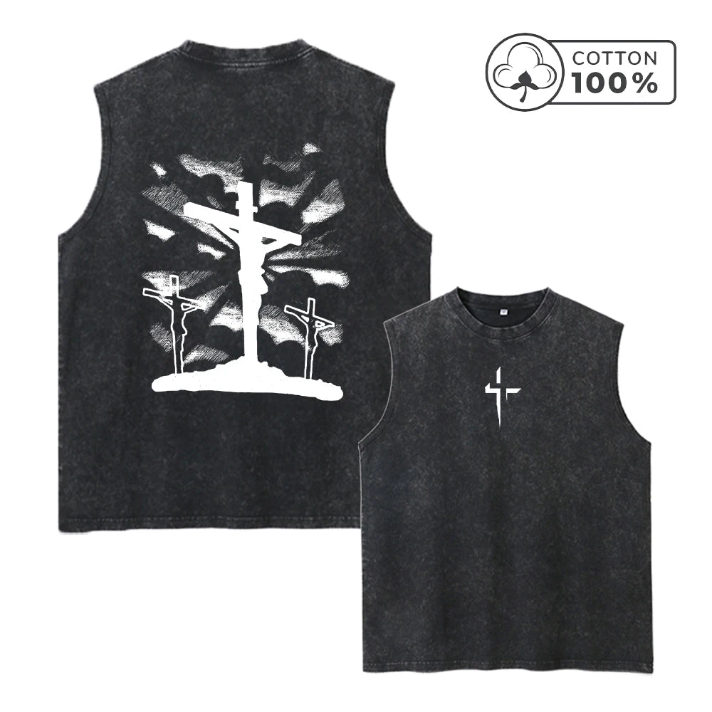 2026 New Style Unique Cross Print Pure Cotton Washed Vest Summer Vacation Casual Sleeveless Top Daily Gym And Commute For Men