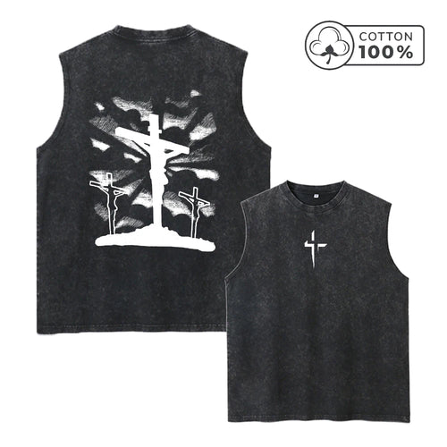 2026 New Style Unique Cross Print Pure Cotton Washed Vest Summer Vacation Casual Sleeveless Top Daily Gym And Commute For Men