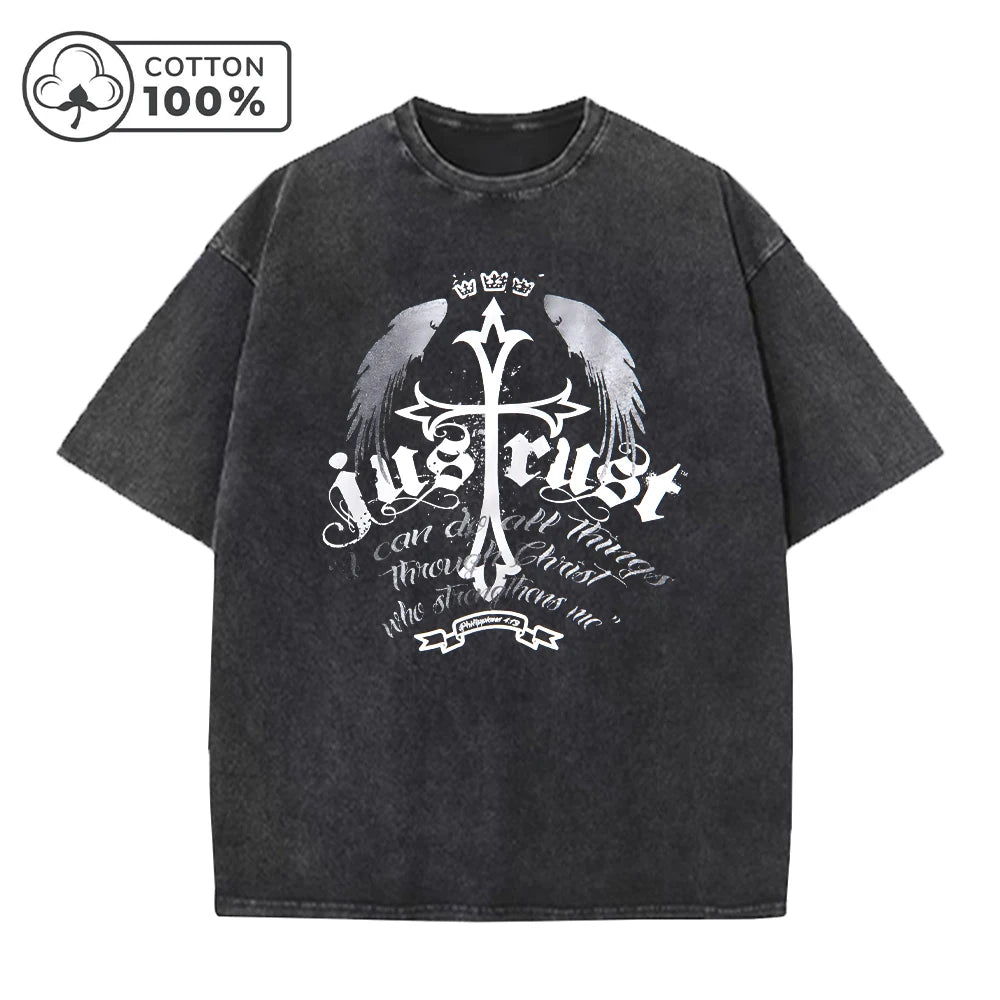 Men's Fashion Cross Wings Print Distressed Washed T-Shirt Loose Fit Casual Pure Cotton Short Sleeve Ideal For Home Or Commute
