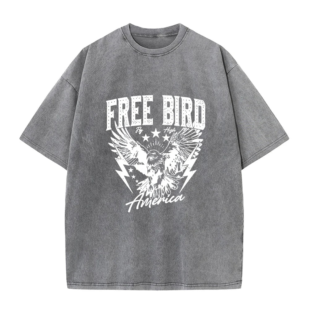Men's Bird Print Casual Washed Short Sleeve Fashionable Comfortable Pure Cotton T-Shirt For Fitness And Commute Undershirt